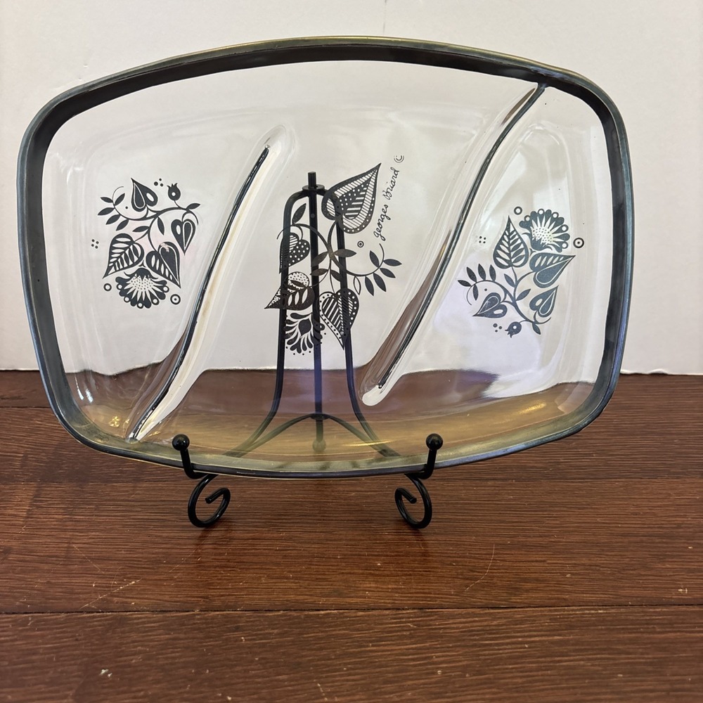 Georges Briard Flowers Divided 10" Glass Serving Dish Platter Tray MCM Vintage